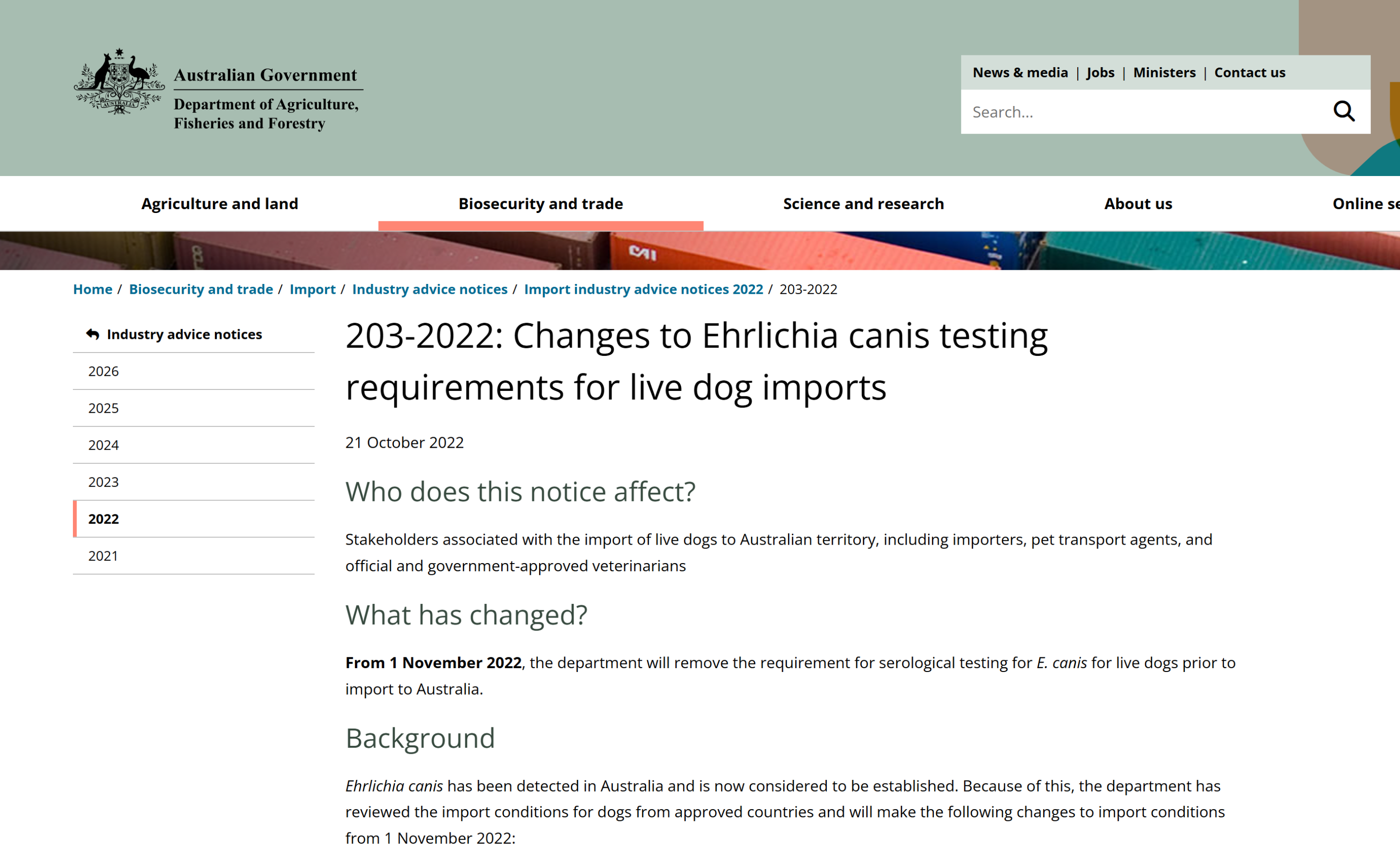 australia-ehrlichia-canis-notice Australian Government notice about Ehrlichia canis testing requirement changes for dog imports effective November 2022
